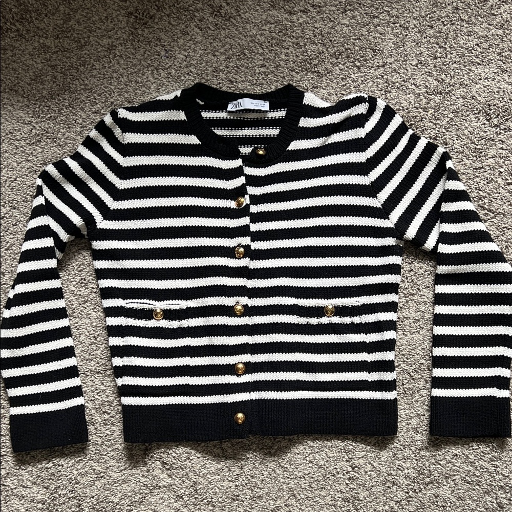 Zara Black and White Striped Cardigan with Gold Buttons